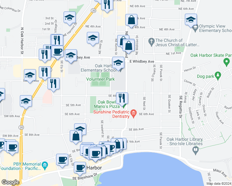 map of restaurants, bars, coffee shops, grocery stores, and more near 1084 Southeast 4th Avenue in Oak Harbor