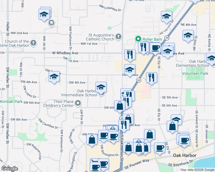 map of restaurants, bars, coffee shops, grocery stores, and more near 79 Southwest 3rd Avenue in Oak Harbor