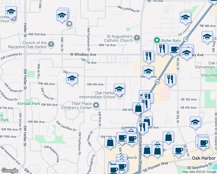map of restaurants, bars, coffee shops, grocery stores, and more near 371 Southwest 4th Avenue in Oak Harbor