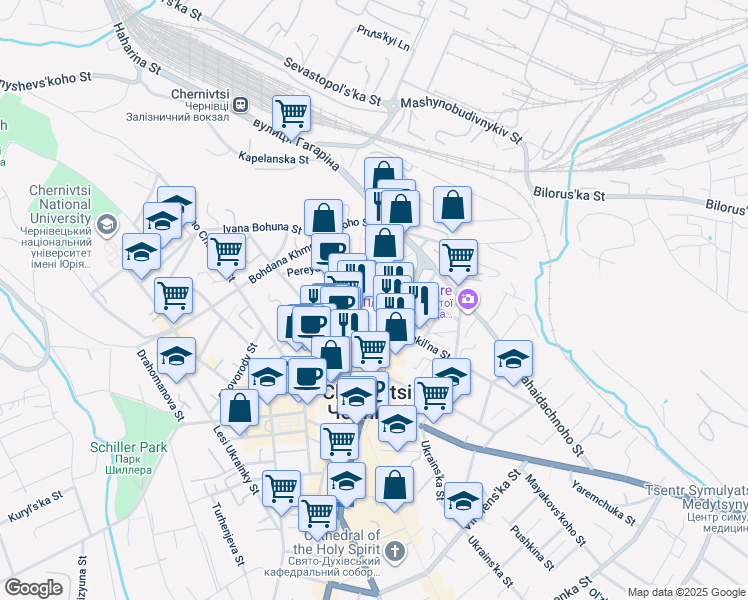 map of restaurants, bars, coffee shops, grocery stores, and more near 23 Holovna Street in Chernivtsi