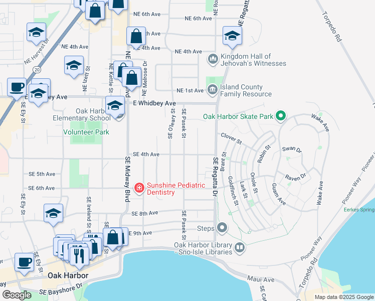 map of restaurants, bars, coffee shops, grocery stores, and more near 1622 Southeast 4th Avenue in Oak Harbor