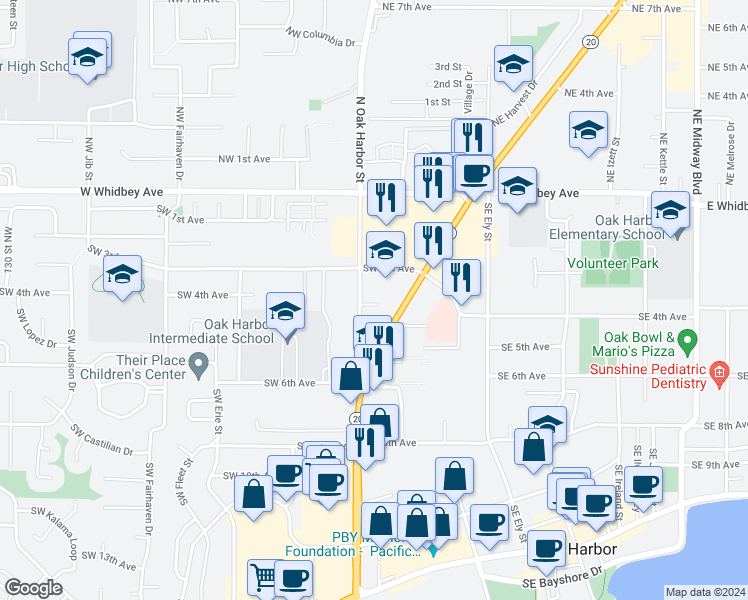 map of restaurants, bars, coffee shops, grocery stores, and more near 31975 Washington 20 in Oak Harbor