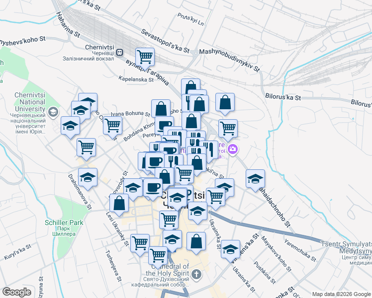 map of restaurants, bars, coffee shops, grocery stores, and more near 23 Holovna Street in Chernivtsi