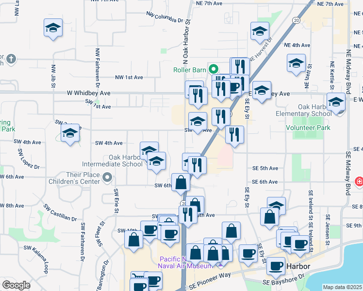 map of restaurants, bars, coffee shops, grocery stores, and more near 395 South Oak Harbor Street in Oak Harbor
