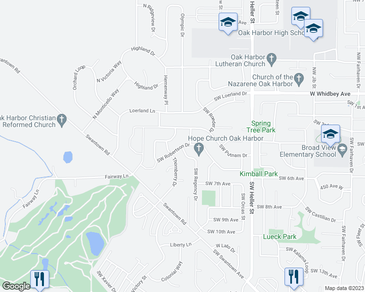 map of restaurants, bars, coffee shops, grocery stores, and more near 1886 Southwest Robertson Drive in Oak Harbor