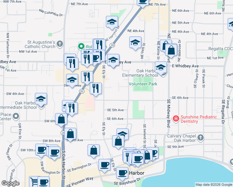 map of restaurants, bars, coffee shops, grocery stores, and more near 381 Fisher Court in Oak Harbor