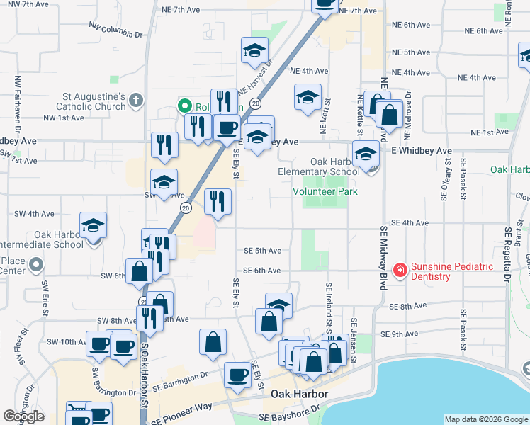 map of restaurants, bars, coffee shops, grocery stores, and more near 381 Fisher Court in Oak Harbor