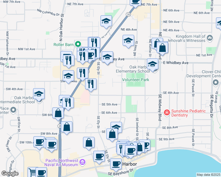 map of restaurants, bars, coffee shops, grocery stores, and more near 381 Fisher Court in Oak Harbor
