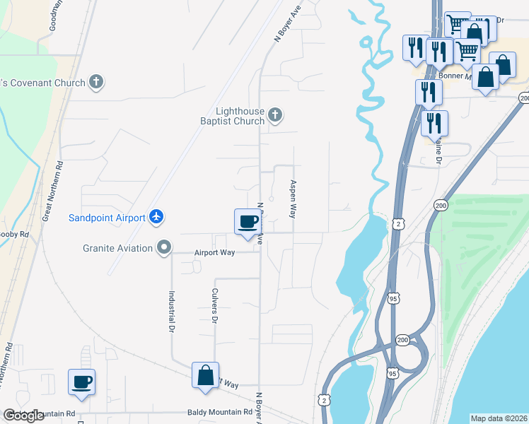 map of restaurants, bars, coffee shops, grocery stores, and more near 2510 North Boyer Avenue in Sandpoint