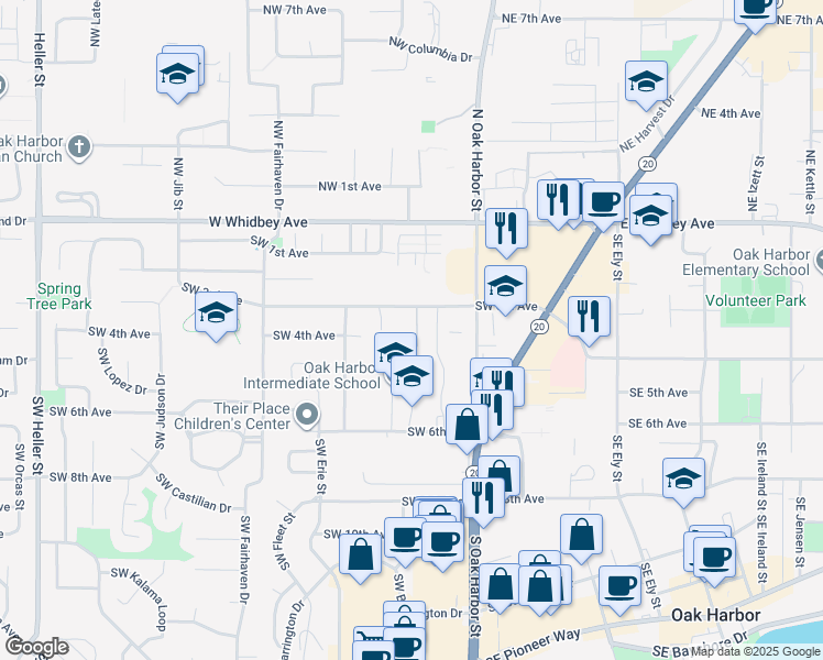 map of restaurants, bars, coffee shops, grocery stores, and more near 185 Southwest 3rd Avenue in Oak Harbor