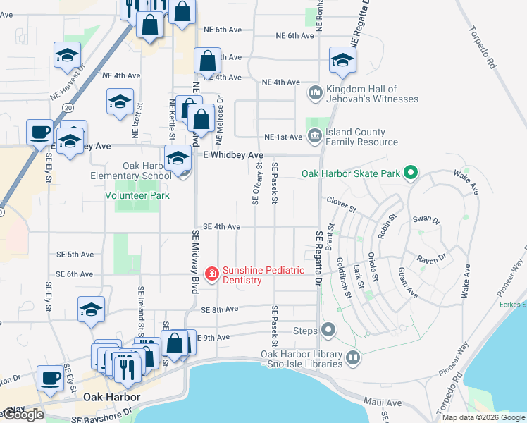 map of restaurants, bars, coffee shops, grocery stores, and more near 1622 Southeast 4th Avenue in Oak Harbor