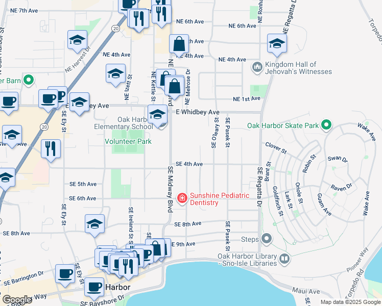 map of restaurants, bars, coffee shops, grocery stores, and more near 1320 Southeast 4th Avenue in Oak Harbor