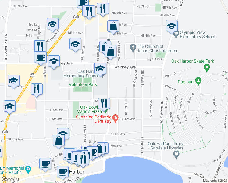 map of restaurants, bars, coffee shops, grocery stores, and more near 380 Southeast Midway Boulevard in Oak Harbor