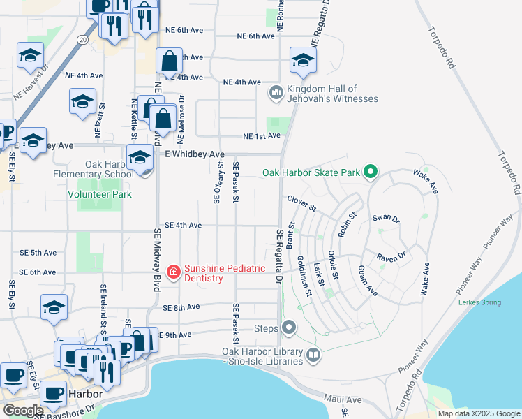 map of restaurants, bars, coffee shops, grocery stores, and more near 362 Southeast Quaker Street in Oak Harbor