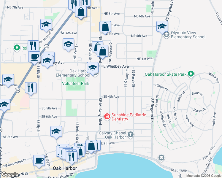 map of restaurants, bars, coffee shops, grocery stores, and more near 1298 Southeast 4th Avenue in Oak Harbor