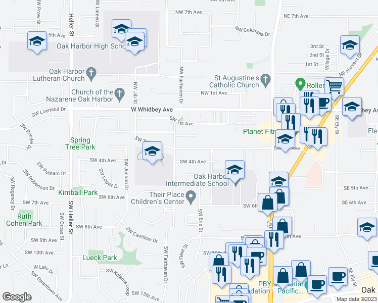 map of restaurants, bars, coffee shops, grocery stores, and more near 581 Southwest 3rd Avenue in Oak Harbor