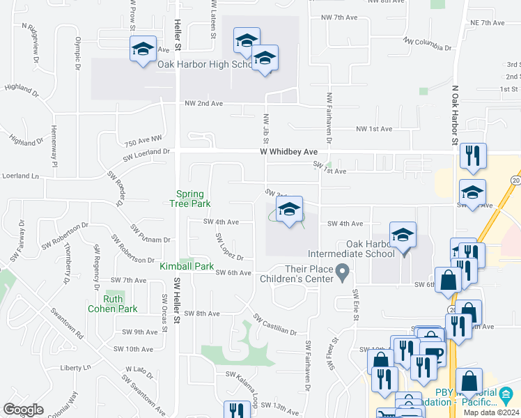 map of restaurants, bars, coffee shops, grocery stores, and more near 356 Southwest Judson Drive in Oak Harbor