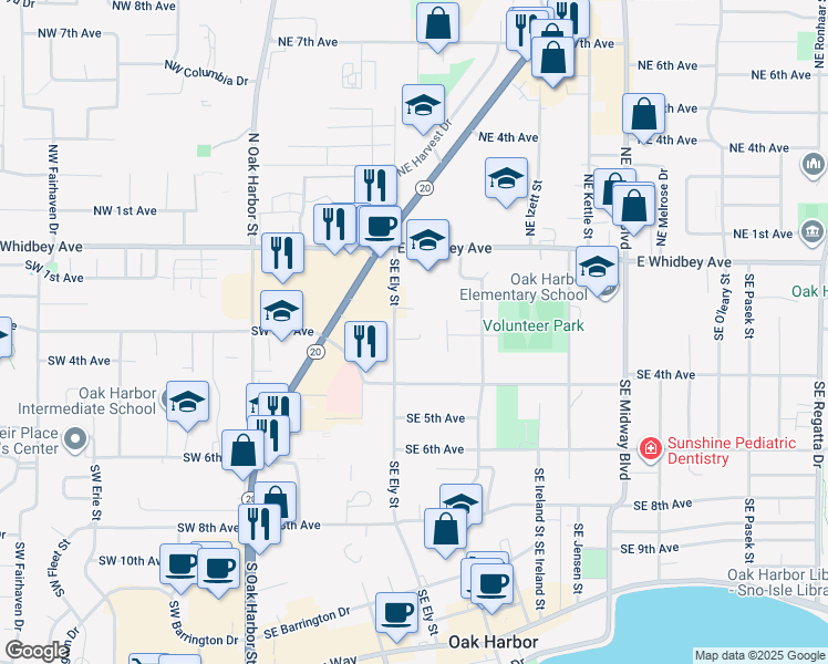map of restaurants, bars, coffee shops, grocery stores, and more near 176 Southeast Ely Street in Oak Harbor