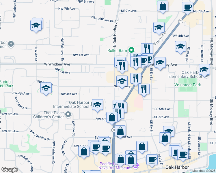 map of restaurants, bars, coffee shops, grocery stores, and more near 79 Southwest 3rd Avenue in Oak Harbor