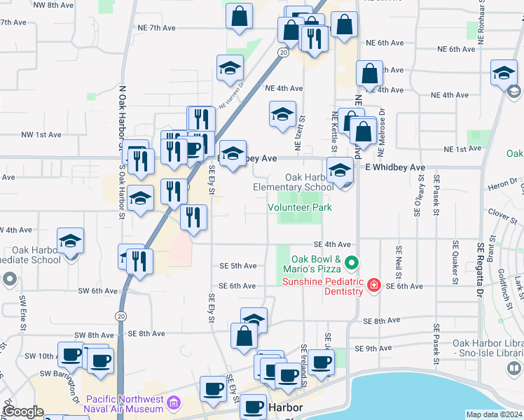 map of restaurants, bars, coffee shops, grocery stores, and more near 686 Southeast 3rd Avenue in Oak Harbor