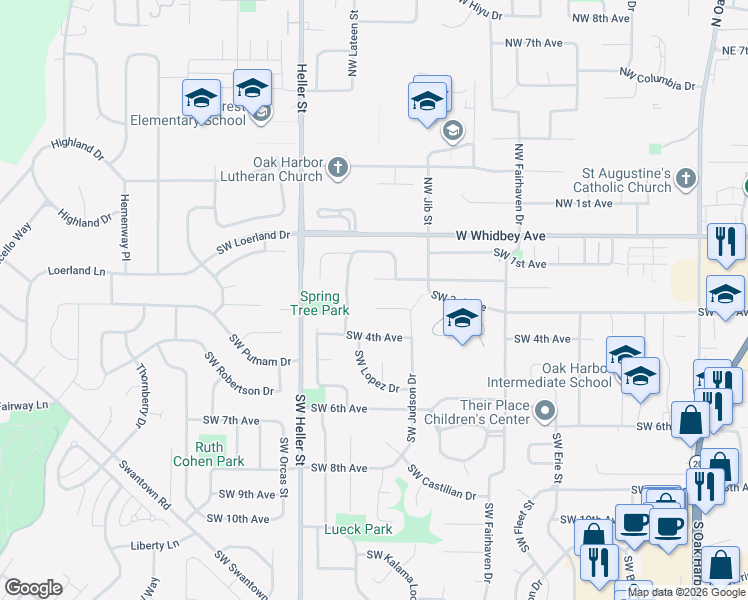 map of restaurants, bars, coffee shops, grocery stores, and more near 220 Southwest Judson Drive in Oak Harbor