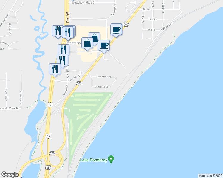 map of restaurants, bars, coffee shops, grocery stores, and more near 293 Jasper Loop in Ponderay