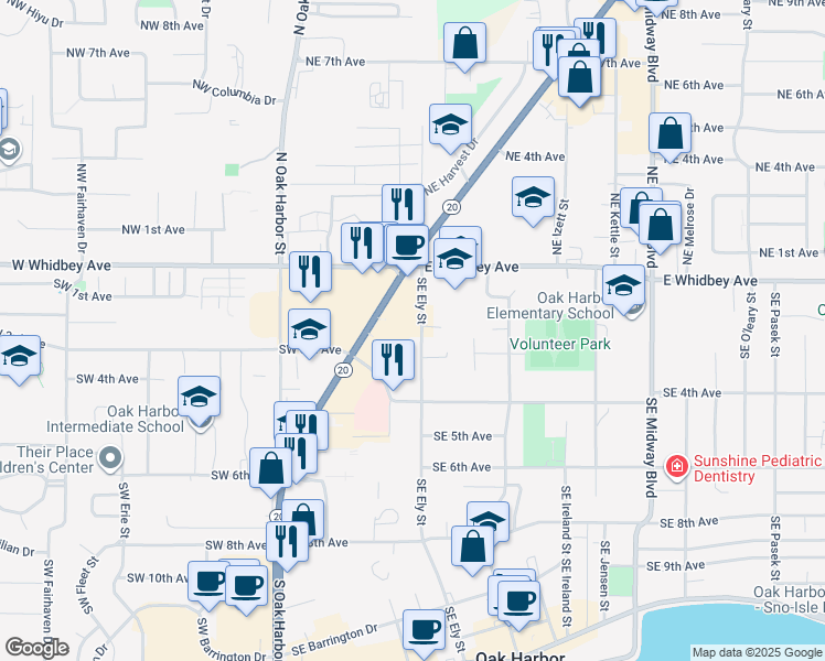 map of restaurants, bars, coffee shops, grocery stores, and more near 176 Southeast Ely Street in Oak Harbor
