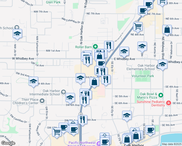 map of restaurants, bars, coffee shops, grocery stores, and more near 32165 Washington 20 in Oak Harbor