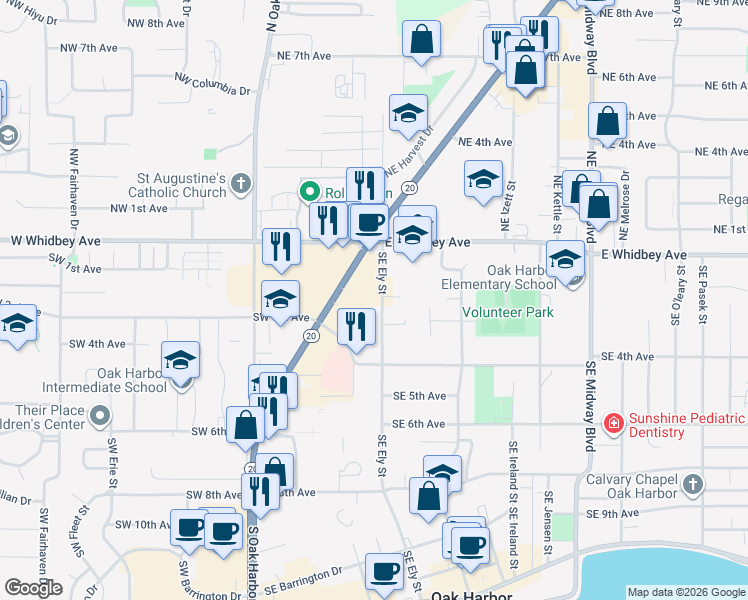 map of restaurants, bars, coffee shops, grocery stores, and more near 176 Southeast Ely Street in Oak Harbor