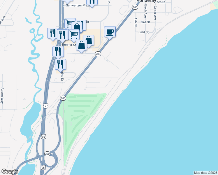 map of restaurants, bars, coffee shops, grocery stores, and more near 293 Jasper Loop in Ponderay