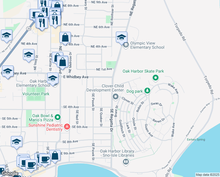 map of restaurants, bars, coffee shops, grocery stores, and more near 237 Southeast Regatta Drive in Oak Harbor