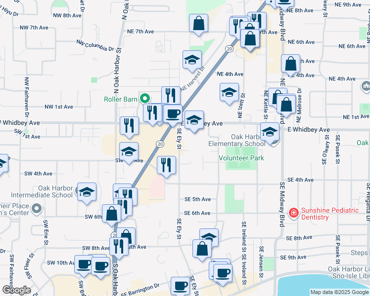 map of restaurants, bars, coffee shops, grocery stores, and more near 176 Southeast Ely Street in Oak Harbor
