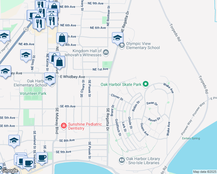 map of restaurants, bars, coffee shops, grocery stores, and more near 200 Southeast Regatta Drive in Oak Harbor