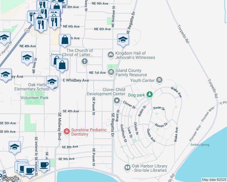 map of restaurants, bars, coffee shops, grocery stores, and more near 200 Southeast Regatta Drive in Oak Harbor