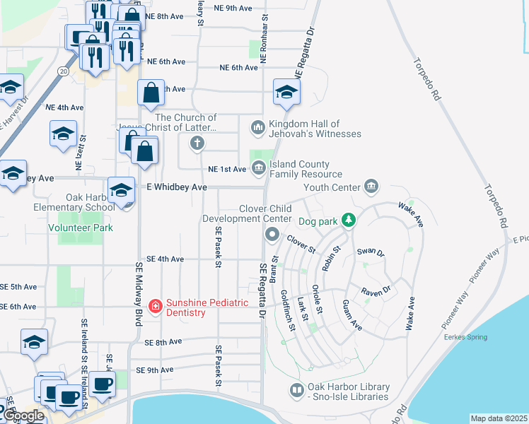 map of restaurants, bars, coffee shops, grocery stores, and more near 237 Southeast Regatta Drive in Oak Harbor