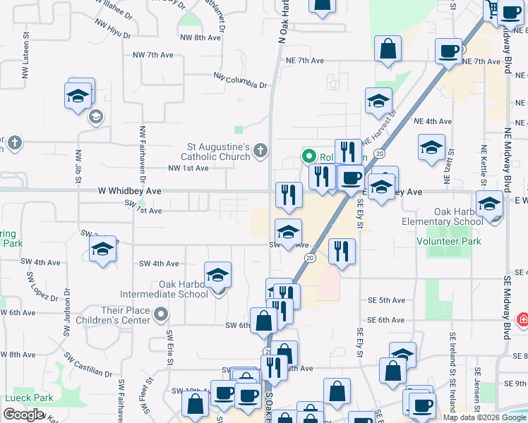 map of restaurants, bars, coffee shops, grocery stores, and more near 101 South Oak Harbor Street in Oak Harbor