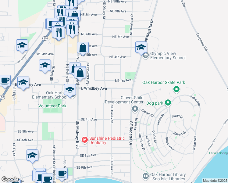 map of restaurants, bars, coffee shops, grocery stores, and more near 1581 Northeast 1st Avenue in Oak Harbor