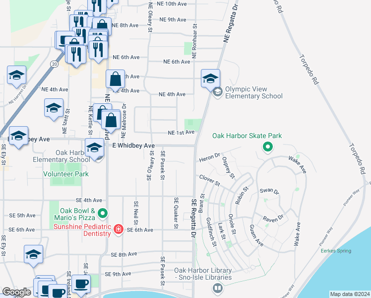 map of restaurants, bars, coffee shops, grocery stores, and more near 1743 Northeast 1st Avenue in Oak Harbor