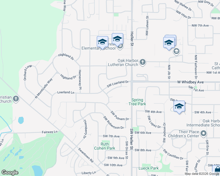 map of restaurants, bars, coffee shops, grocery stores, and more near 1613 Northwest Outrigger Loop in Oak Harbor