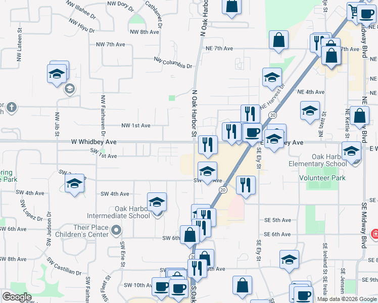 map of restaurants, bars, coffee shops, grocery stores, and more near 26 West Whidbey Avenue in Oak Harbor