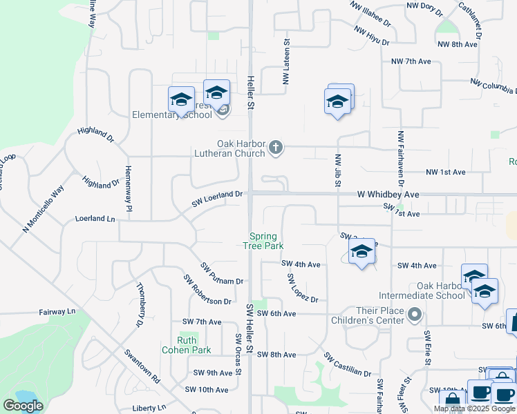 map of restaurants, bars, coffee shops, grocery stores, and more near 1328 Southwest Leschi Drive in Oak Harbor