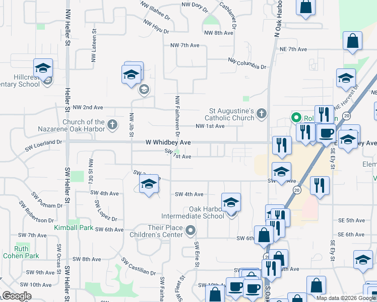map of restaurants, bars, coffee shops, grocery stores, and more near 64 Southwest Festival Court in Oak Harbor