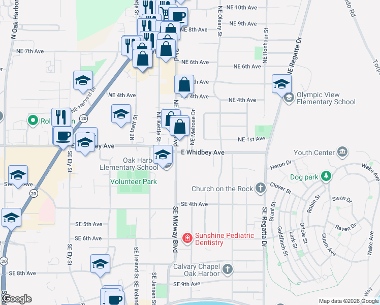 map of restaurants, bars, coffee shops, grocery stores, and more near 1348 East Whidbey Avenue in Oak Harbor