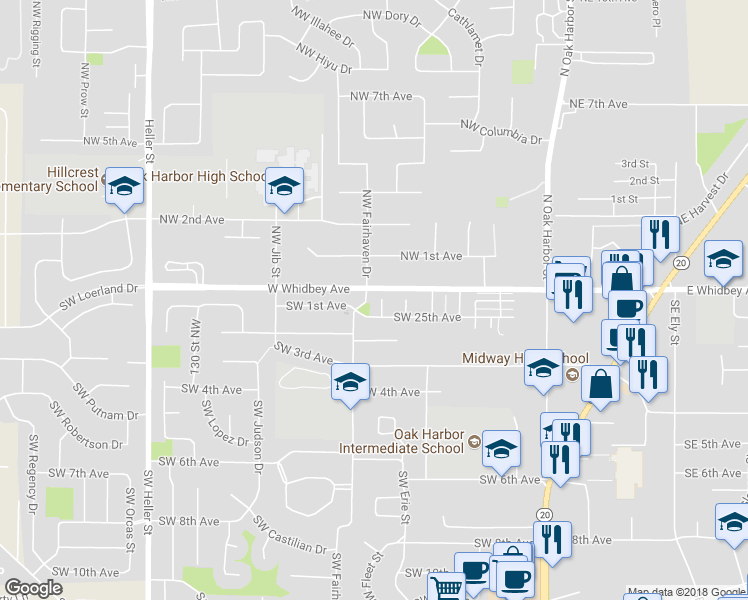 map of restaurants, bars, coffee shops, grocery stores, and more near 45 Southwest Festival Court in Oak Harbor