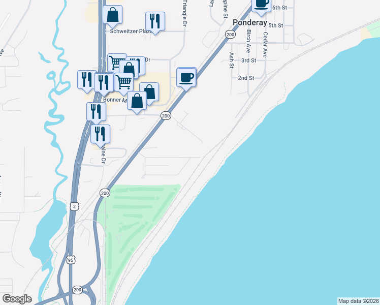 map of restaurants, bars, coffee shops, grocery stores, and more near 2-198 Emerald Industrial Park Road in Ponderay