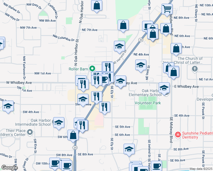 map of restaurants, bars, coffee shops, grocery stores, and more near 390 East Whidbey Avenue in Oak Harbor