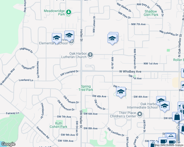 map of restaurants, bars, coffee shops, grocery stores, and more near 1222 Southwest Leschi Drive in Oak Harbor