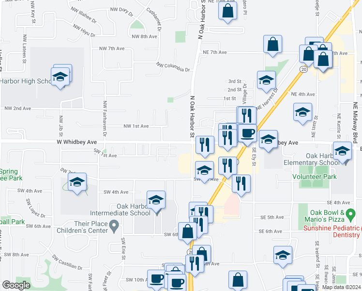 map of restaurants, bars, coffee shops, grocery stores, and more near 75 West Whidbey Avenue in Oak Harbor