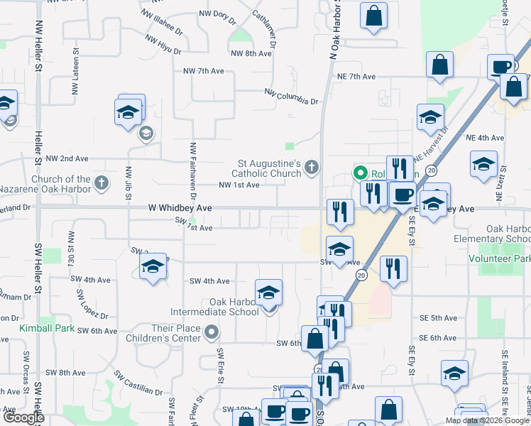 map of restaurants, bars, coffee shops, grocery stores, and more near 20 Southwest Cruise Street in Oak Harbor