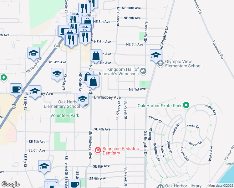 map of restaurants, bars, coffee shops, grocery stores, and more near 45 Northeast Nunan Loop in Oak Harbor